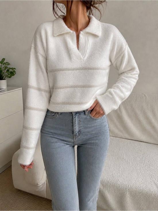 Elie Tahari Sweaters - Elie Tahari Cream Fuzzy V‑Neck Collared Pullover